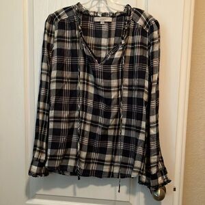 LOFT Black and White Long Sleeve Tie Front Blouse